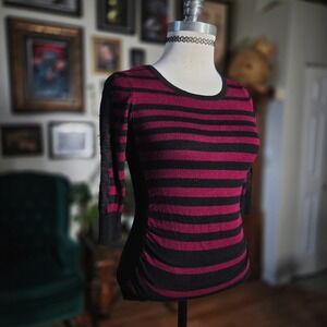 By & By Women's Emo Striped Lace Sleeve Sweater Top XS Berry Black